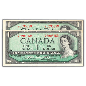 SOLD $1 1954 Bank of Canada Notes Y/F Prefix BC-37d - 2 Consecutive - AU+