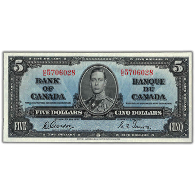 SOLD $5 1937 Bank of Canada Note Gordon-Towers C/C Prefix BC-23b - Choice UNC