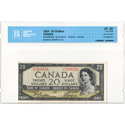 $20 1954 Bank of Canada Note Devil Face B/E Changeover Prefix BC-33b - CCCS VF-30
