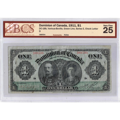 SOLD $1 1911 Dominion of Canada Note Green Line Series E DC-18b - BCS VF-25