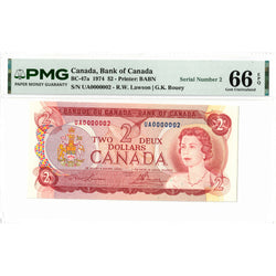 SOLD $2 1974 Bank of Canada Note UA Prefix Low Serial #2 BC-47a - PMG Gem UNC-66 EPQ