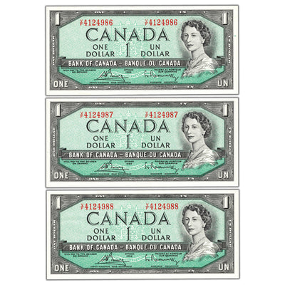 $1 1954 Bank of Canada Notes V/F Prefix BC-37c - 3 Consecutive AU-58