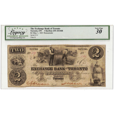 SOLD $2 1855 Exchange Bank of Toronto Remainder Note #255-10-04R - Legacy VF-30