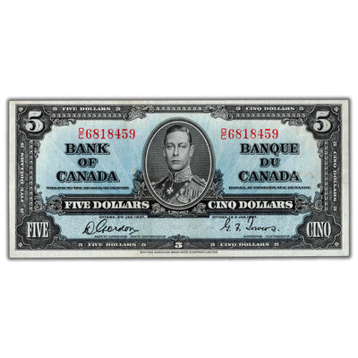 $5 1937 Bank of Canada Note Gordon-Towers O/C Prefix BC-23b - EF+