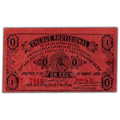Peru Iquitos Revolution 1921 1 Sol Note P #S604 - AU+