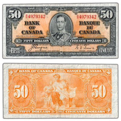 SOLD $50 1937 Bank of Canada Note Coyne-Towers B/H Prefix BC-26c - Cleaned/Small Tears