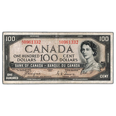 SOLD $100 1954 Bank of Canada Note Devil Face Coyne-Towers BC-35a - F/VF