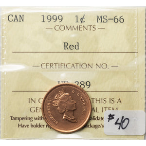 SOLD Canada 1999 1 Small Cent Coin - ICCS MS-66 Red