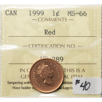 SOLD Canada 1999 1 Small Cent Coin - ICCS MS-66 Red