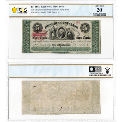 SOLD United States 1862 5 Cents Monroe County Bank Note - PCGS VF-20