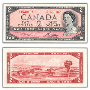 SOLD $2 1954 Bank of Canada Note Lawson-Bouey V/G Final Prefix BC-38d - AU-58
