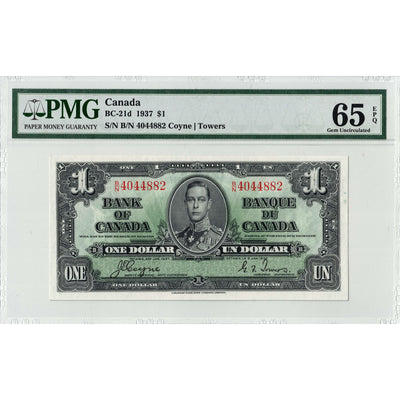 SOLD $1 1937 Bank of Canada Note Coyne-Towers B/N Prefix BC-21d - PMG Gem UNC-65 EPQ