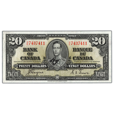 SOLD $20 1937 Bank of Canada Note H/E Changeover Prefix BC-25c - AU