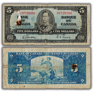 SOLD $5 1937 Bank of Canada Note Gordon-Towers H/C Prefix BC-23b - Issues