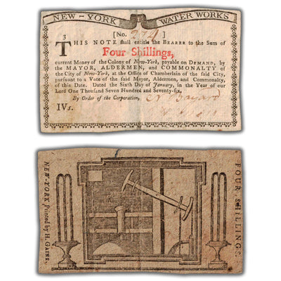 SOLD United States New York Water Works 1776 4 Four Shillings Colonial Note NY #196