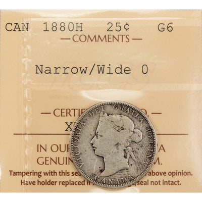 Canada 1880-H Narrow/Wide 0 25 Cents Quarter Silver Coin - ICCS G-6