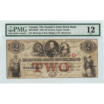SOLD $2 1849 Farmer's Joint Stock Bank Canada Note #280-14-04-04 - PMG F-12