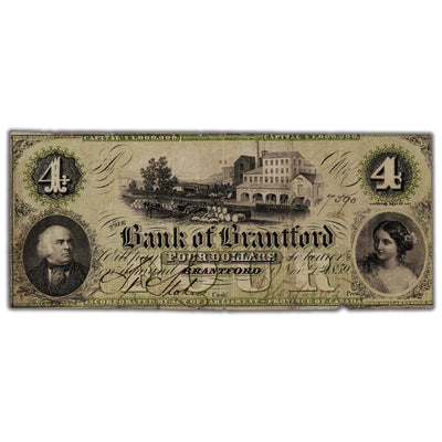 SOLD $4 1859 Bank of Brantford Canada Chartered Note CH #40-10-04-06 - Edge Tears