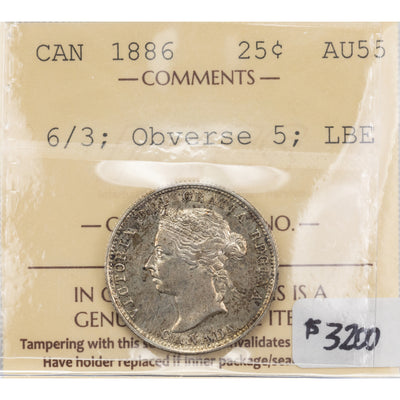 SOLD Canada 1886 6/3 Obv. 5 LBE 25 Cents Quarter Silver Coin - ICCS AU-55