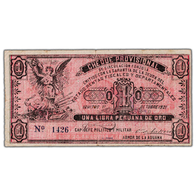 Peru Iquitos Revolution 1921 1  Libra Note P #S606a - VF (small holes)