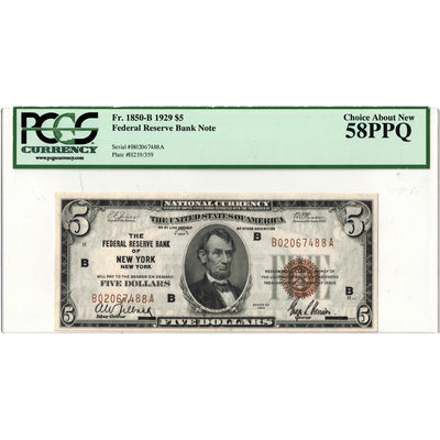 SOLD United States 1929 $5 National Note New York Fr. #1850-B - PCGS AU-58 PPQ