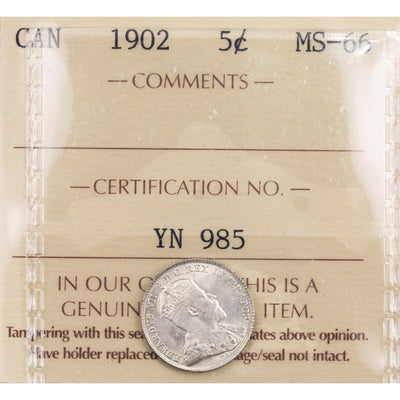 SOLD Canada 1902 5 Cents Silver Coin - ICCS MS-66