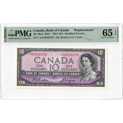 SOLD $10 1954 Bank of Canada Note *A/D Replacement Prefix BC-40aA - PMG Gem 65 EPQ