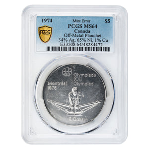 SOLD Canada Mint Error 1974 $5 Olympic Coin - Struck on Off-Metal Planchet - PCGS MS-64