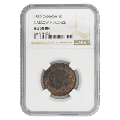 Canada 1859 N9 1 Large Cent Coin - NGC AU-58 Brown