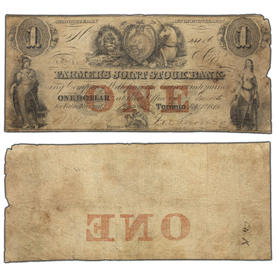 SOLD $1 1849 Farmer's Joint Stock Bank Toronto Canada Note