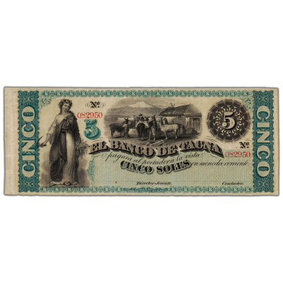 Peru El Banco de Tacna 1870's 5 Soles Remainder Note P #S384r - EF/AU