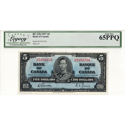 $5 1937 Bank of Canada Note Gordon-Towers J/C Prefix BC-23b - Legacy Gem UNC-65 PPQ