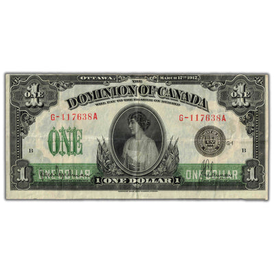 SOLD $1 1917 Dominion of Canada Note Series G Suffix A DC-23d - VF (Light Cutting Error)