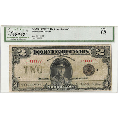 SOLD $2 1923 Dominion of Canada Note Black Seal Series U DC-26j - Legacy F-15