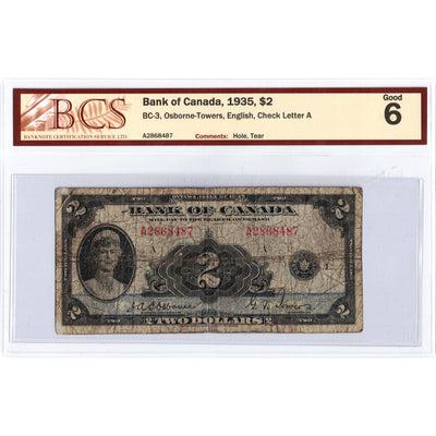 SOLD $2 1935 Bank of Canada Note English Text BC-3 - BCS G-6