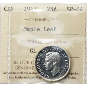 SOLD Canada 1947 Maple Leaf 25 Cents Silver Coin - ICCS Specimen SP-64