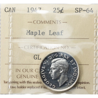 SOLD Canada 1947 Maple Leaf 25 Cents Silver Coin - ICCS Specimen SP-64
