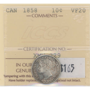 SOLD Canada 1858 10 Cents Dime Silver Coin - ICCS VF-20