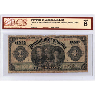 SOLD $1 1911 Dominion of Canada Note Black Line Series X DC-18d-i - BCS G-6