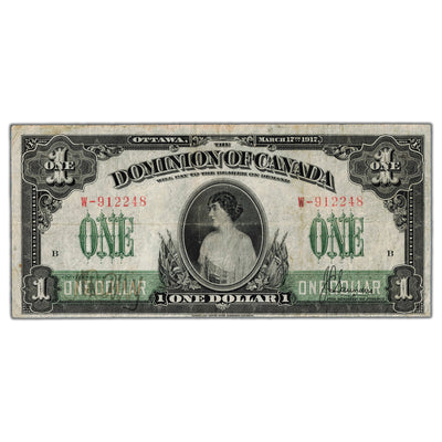 SOLD $1 1917 Dominion of Canada Note Series W DC-23b - Fine+ (pressed)
