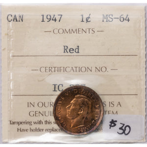 SOLD Canada 1947 1 Small Cent Coin - ICCS MS-64 Red
