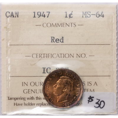 SOLD Canada 1947 1 Small Cent Coin - ICCS MS-64 Red