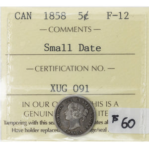 SOLD Canada 1858 Small Date 5 Cents Silver Coin - ICCS F-12