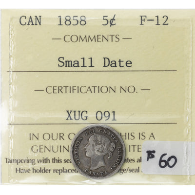 SOLD Canada 1858 Small Date 5 Cents Silver Coin - ICCS F-12