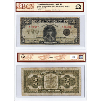 SOLD $2 1923 Dominion of Canada Note Black Seal Series T DC-26j - BCS F-12