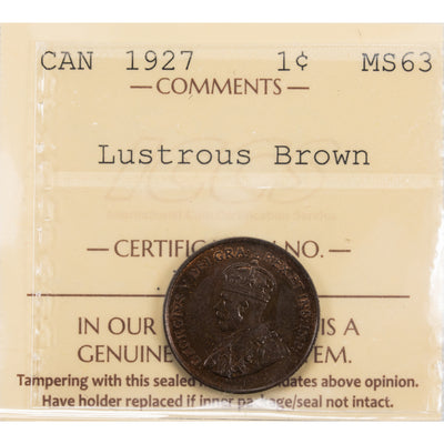 SOLD Canada 1927 1 Small Cent Coin - ICCS MS-63 Lustrous Brown