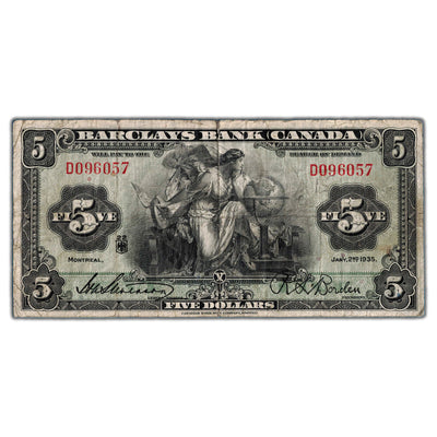 $5 1935 Barclays Bank Canada Chartered Note #30-12-02 - Minor Pencil