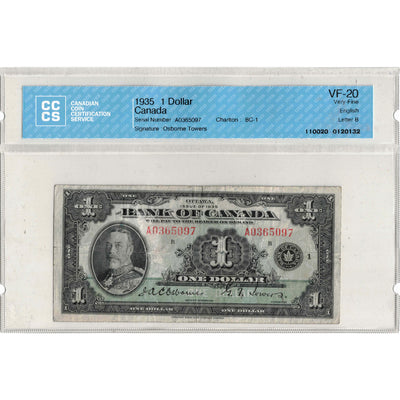 $1 1935 Bank of Canada Note English Text Letter A BC-1 -  CCCS VF-20