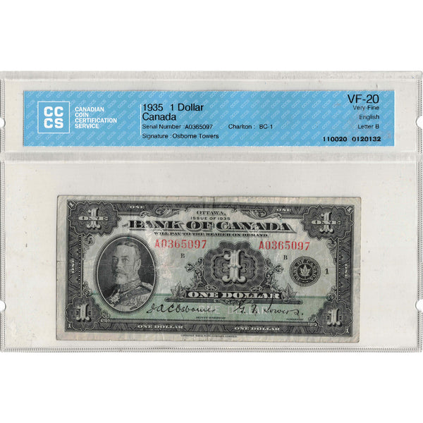 $1 1935 Bank of Canada Note English Text Letter A BC-1 - CCCS VF-20 ...
