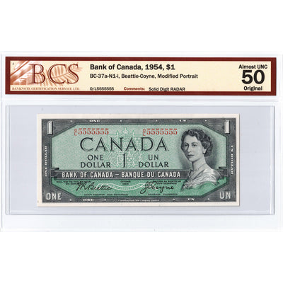 SOLD $1 1954 Bank of Canada Note O/L Prefix Solid Serial 5555555 BC-37a-N1-i - BCS AU-50